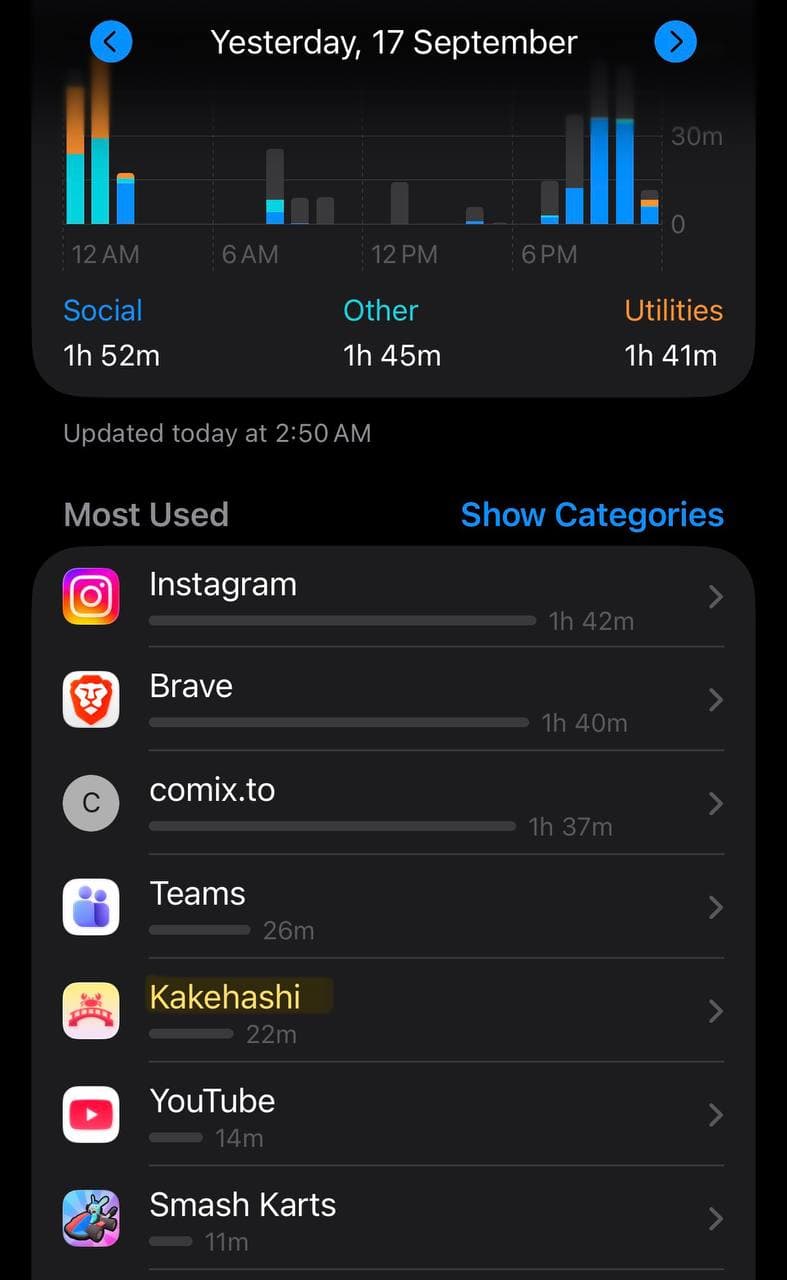 A phone's Screen Time report showing today's app usage, including a Japanese study app
