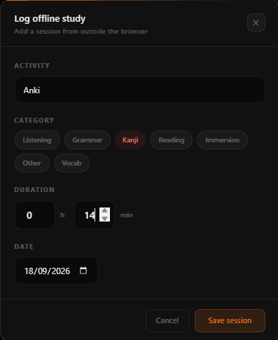 The Log offline study form with Activity, Category, Duration, and Date fields