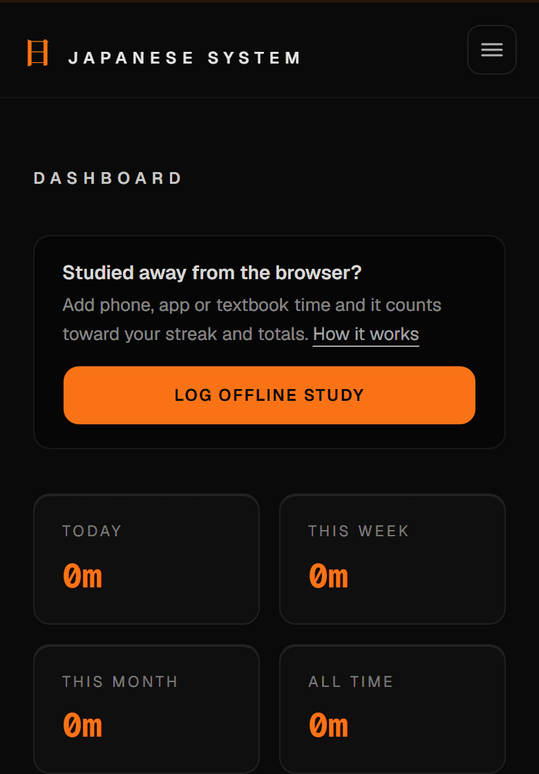 The dashboard on a phone, with a "Studied away from the browser?" box and a "Log offline study" button above the study totals
