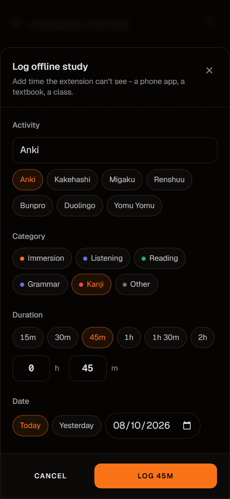 The Log offline study form on a phone, with Anki chosen as the activity, Kanji as the category, 45 minutes as the duration and Today as the date